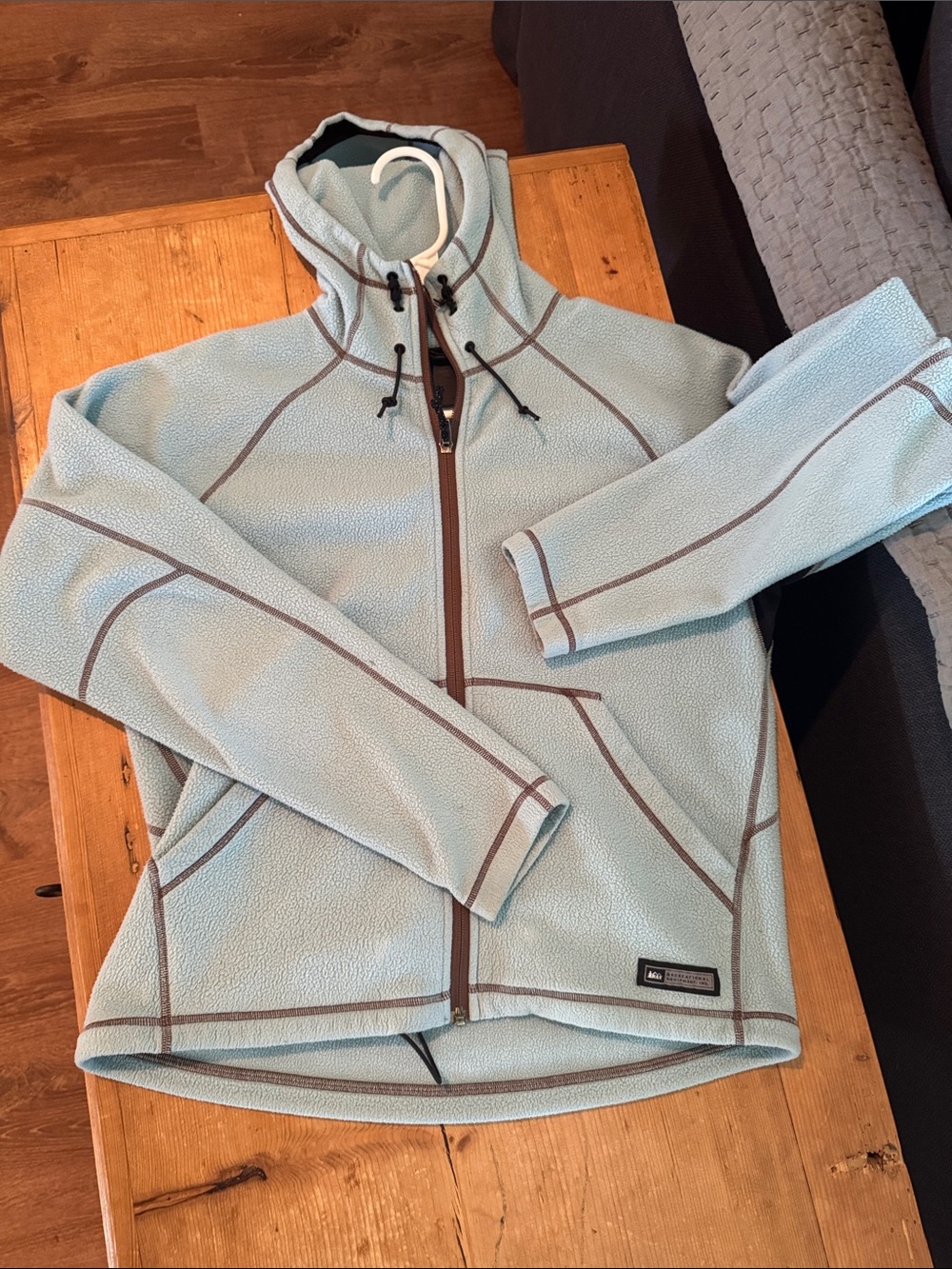 REI Light Blue Hooded Fleece Jacket with Contrast Trim